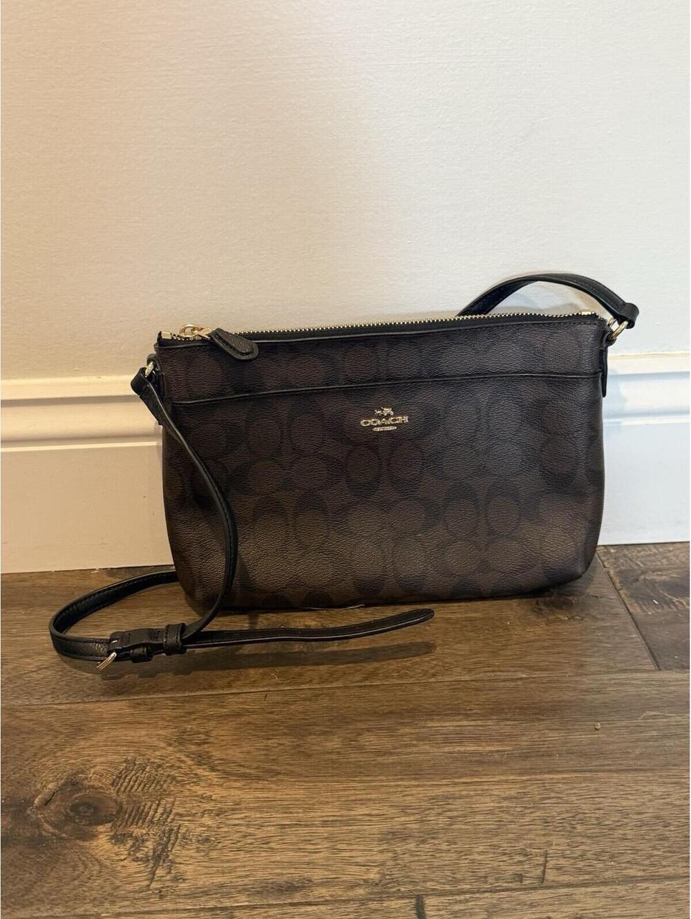 COACH Signature East/West Pop-Up Crossbody Bag Brown Black Canvas Purse Y2K
